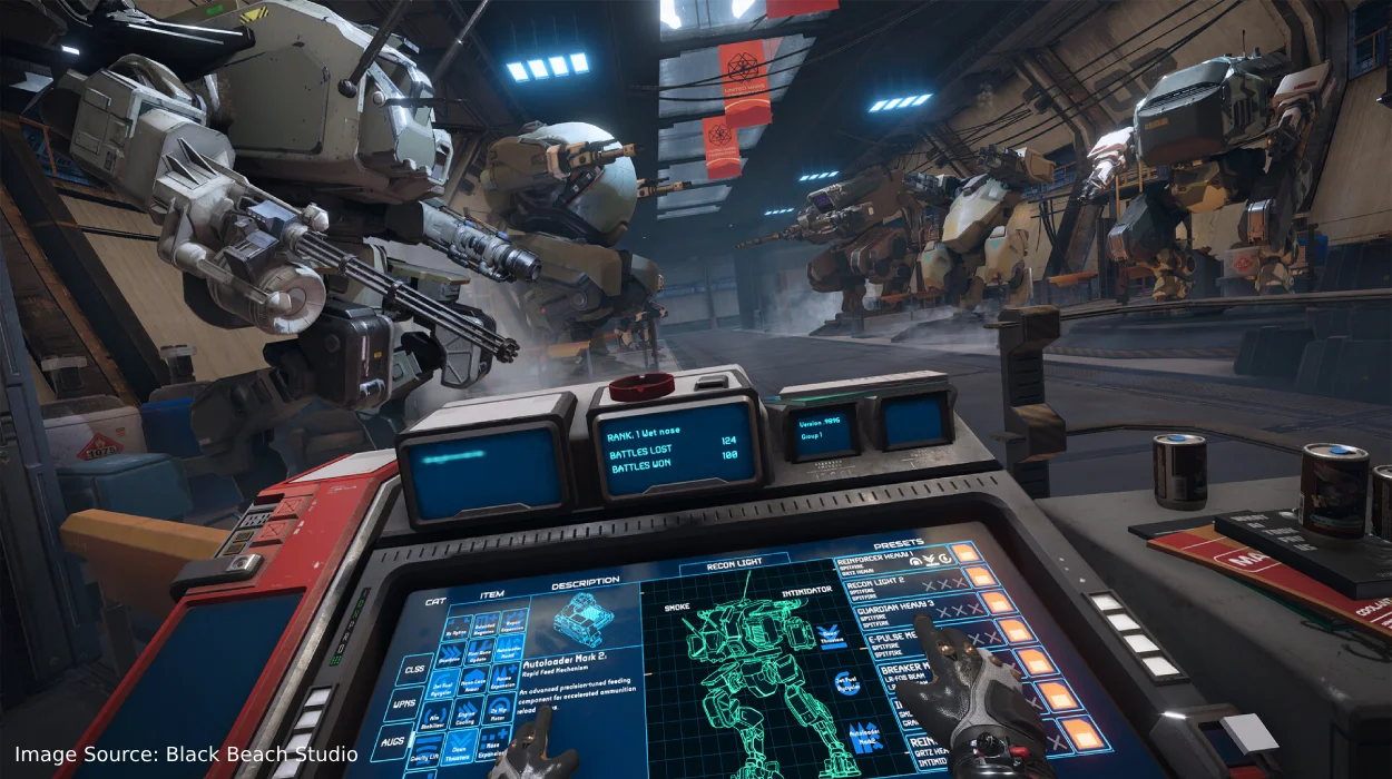 VR player piloting an Iron Rebellion mech from the immersive cockpit view