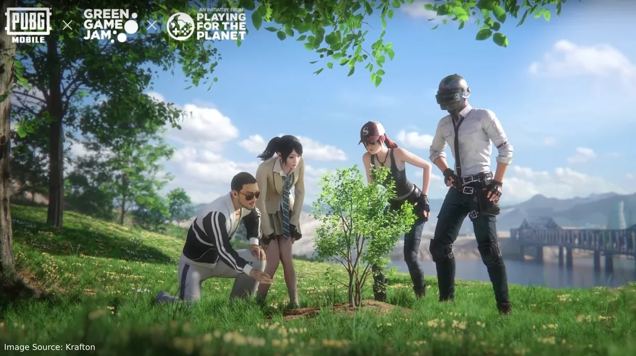 PUBG MOBILE characters standing in a lush, green version of Erangel with climate change awareness symbols